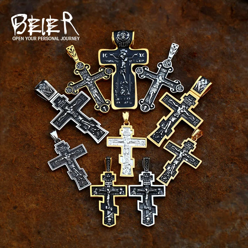 Jesus Cross Men's Stainless Steel Crucifix Necklace – Eastern Orthodox Pendant Jewelry (BP8-515) - Image 2