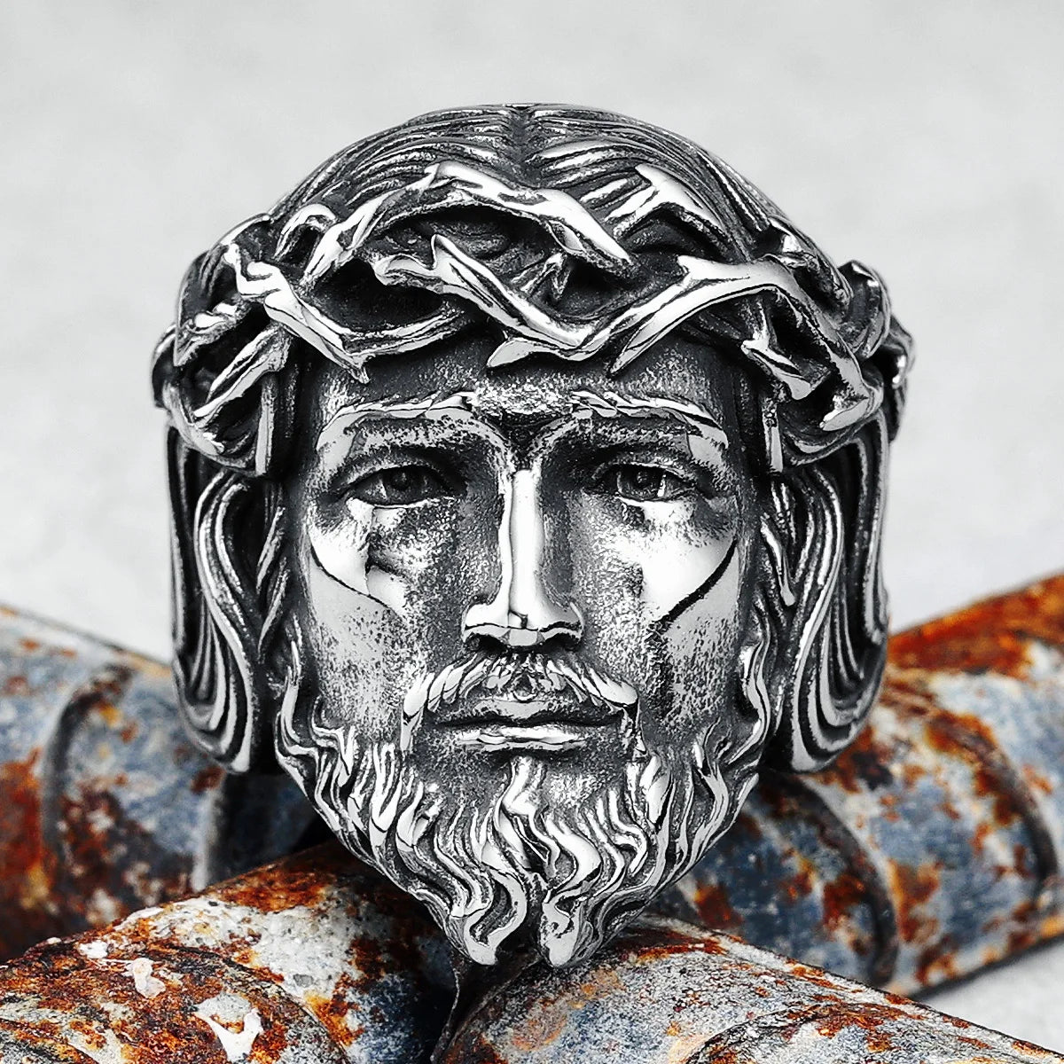 316L Stainless Steel Menโs Christian Jesus Face Ring - Image 2