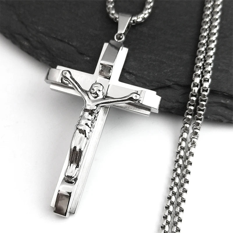 Jesus Cross Crucifix Pendant Necklace – Gold Stainless Steel Christian Jewelry for Men - Image 8