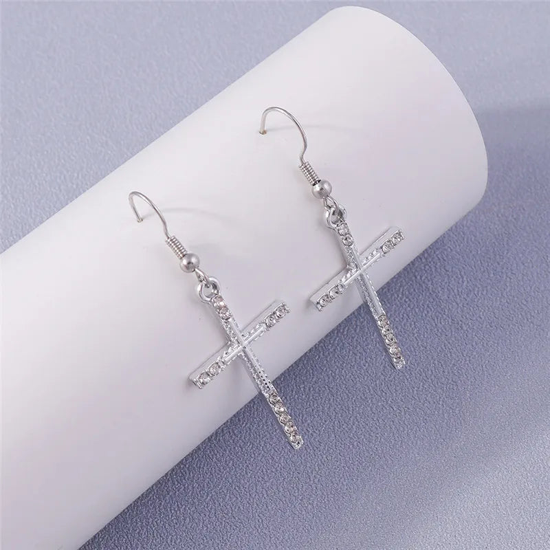 Fashion Zircon Crystal Cross Earrings – Gothic Punk Crucifix Dangle Jewelry for Men & Women - Image 8