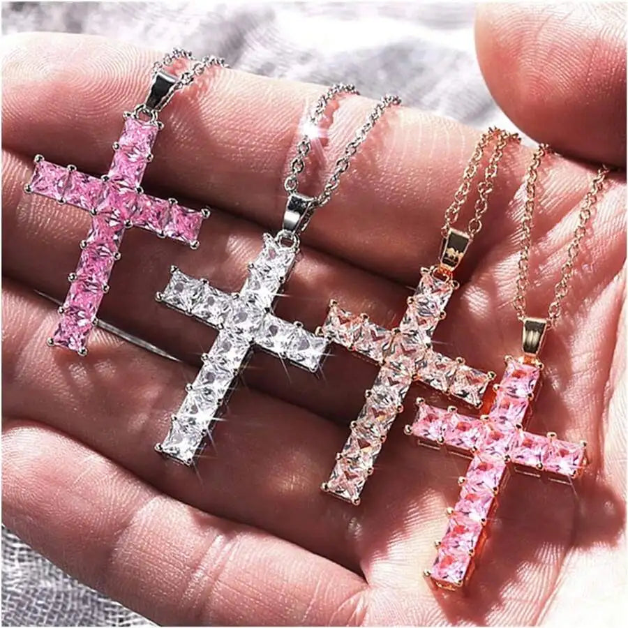 New Fashion Multi-Color Crystal Jesus Cross Pendant Necklace - Image 2