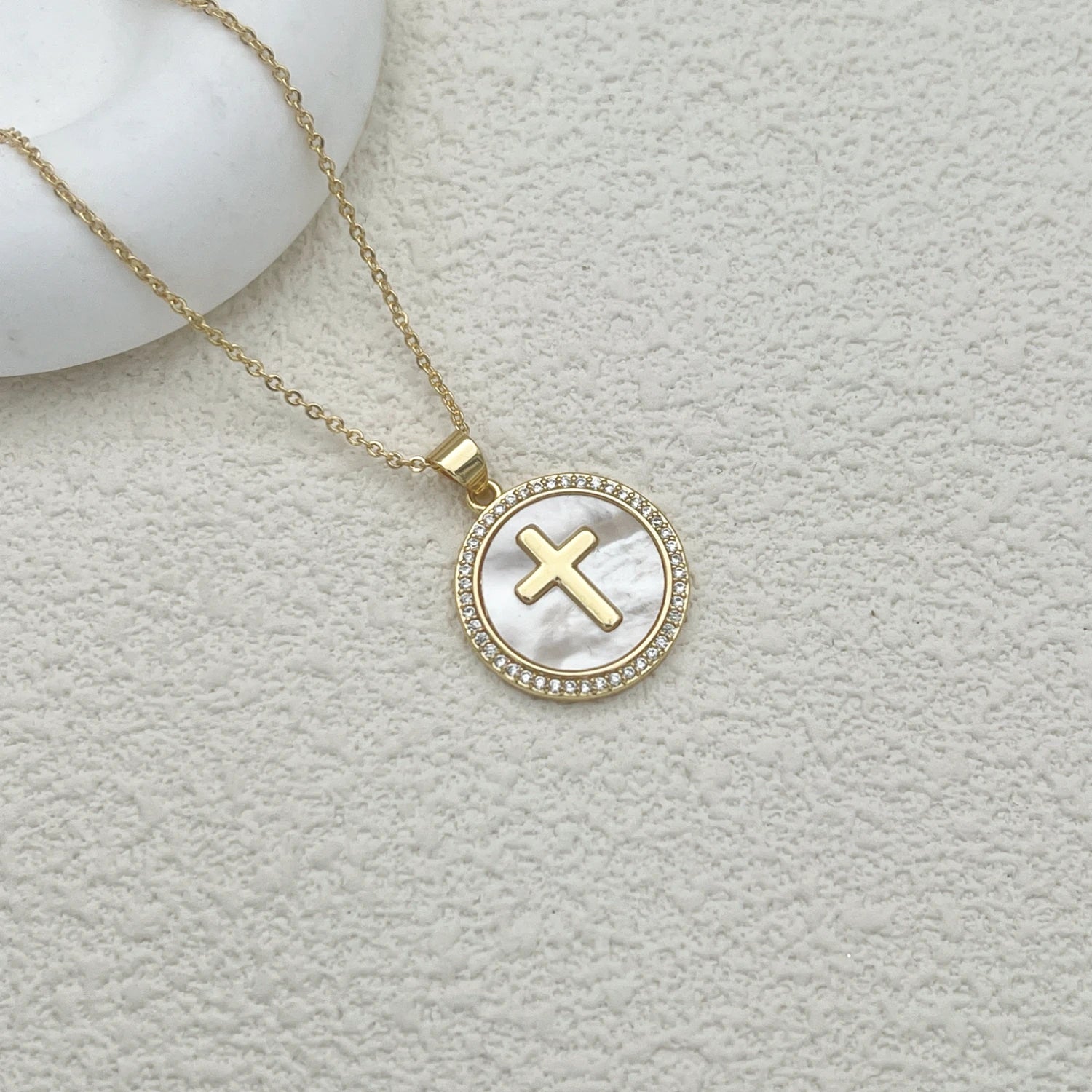 Catholic Jesus Cross Necklace – Gold Plated Copper with Saint Benedict, Virgin Mary & Zircon Details - Image 3