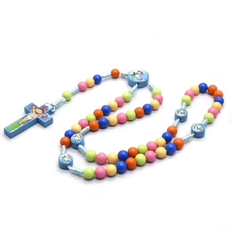Children's Colored Plastic Beads Rosary Necklace – Wood Cross Pendant Catholic Prayer Ornament - Image 2