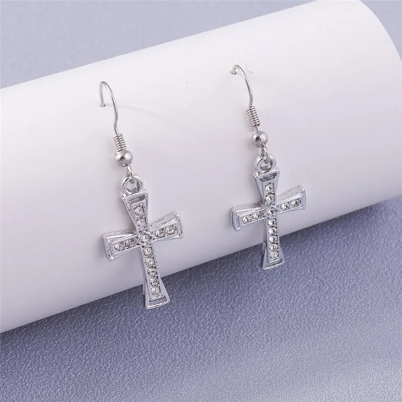 Fashion Zircon Crystal Cross Earrings – Gothic Punk Crucifix Dangle Jewelry for Men & Women - Image 18