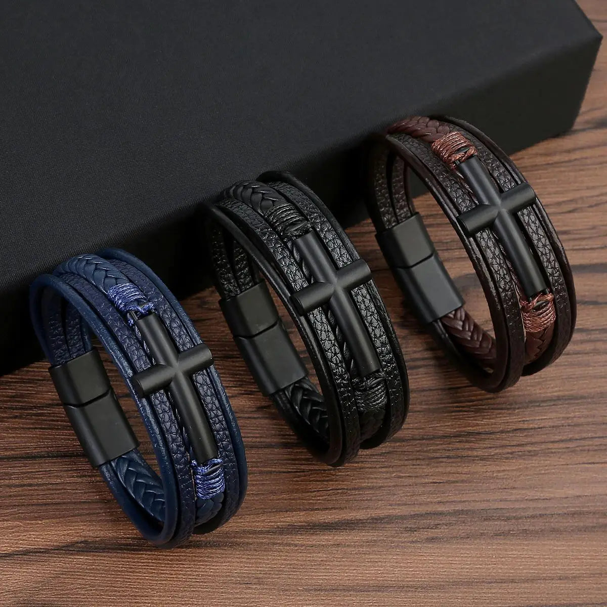 Black Cross Decorative Punk Leather Bracelet – Multilayer Braided Magnetic Clasp for Men