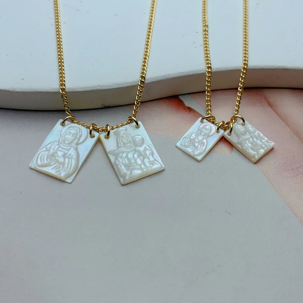 Jesus & Virgin Mary Scapular Necklace – Stainless Steel Mother of Pearl Pendant for Women - Image 3