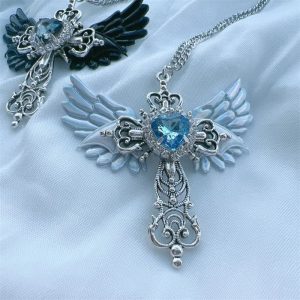Gothic Wings Cross Pendant Necklace – Y2K Heart Crystal Choker Punk Charm for Women