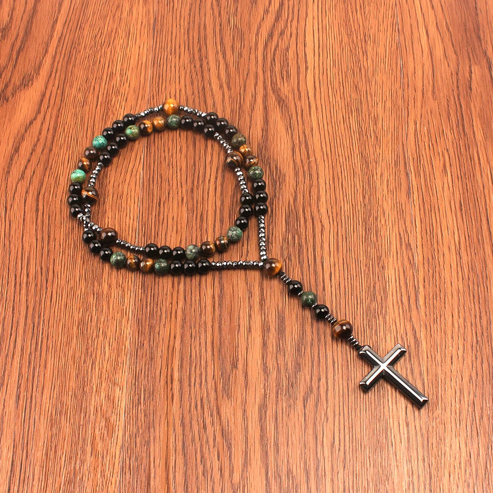Natural Stone Turquoise & Tiger-Eye Rosary Necklace - Image 5