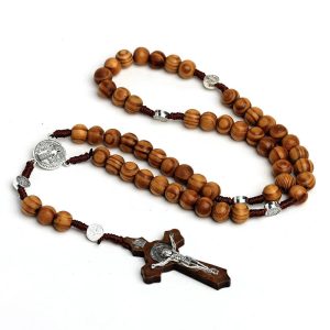 10MM Wood Beads Rosary Cross Necklace