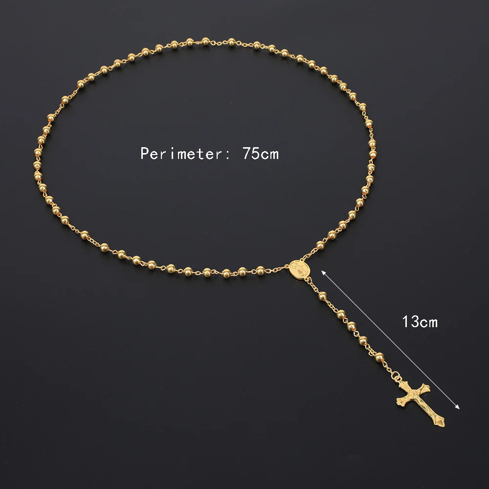 Gold Color Rosary Necklace – Long Crucifix Chain with 6MM Beads for Men & Women - Image 2
