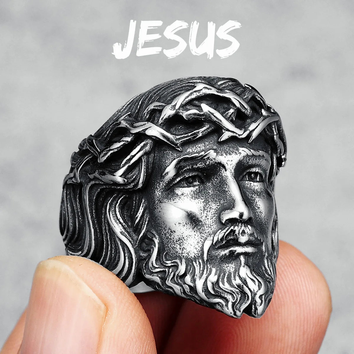 316L Stainless Steel Menโs Christian Jesus Face Ring - Image 8