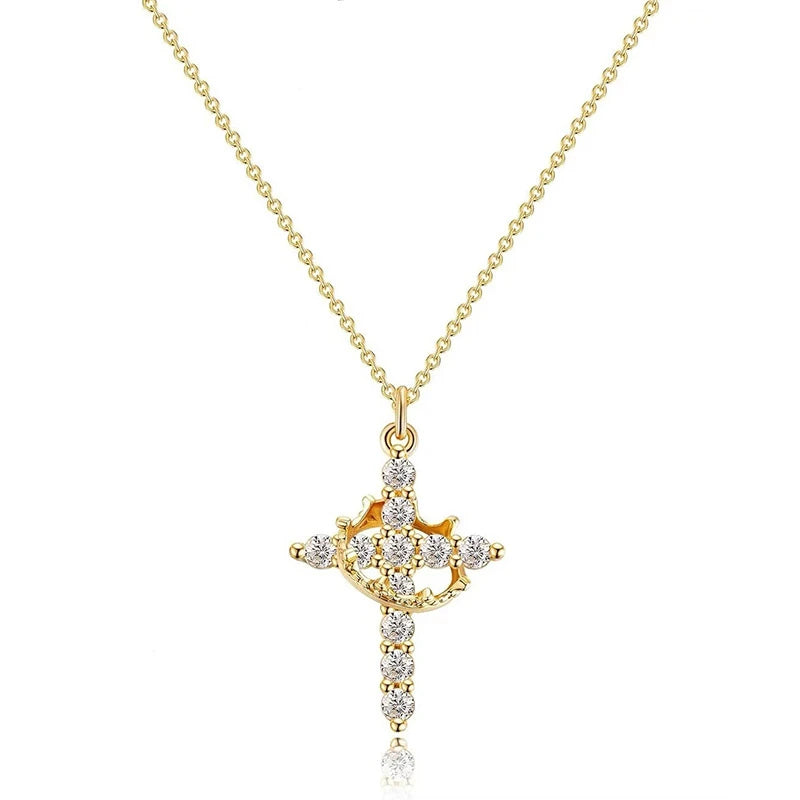 Exquisite Zircon Cross Pendant Necklace – Rotatable Crown Design for Women - Image 8