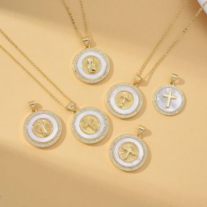 Catholic Jesus Cross Necklace – Gold Plated Copper with Saint Benedict, Virgin Mary & Zircon Details