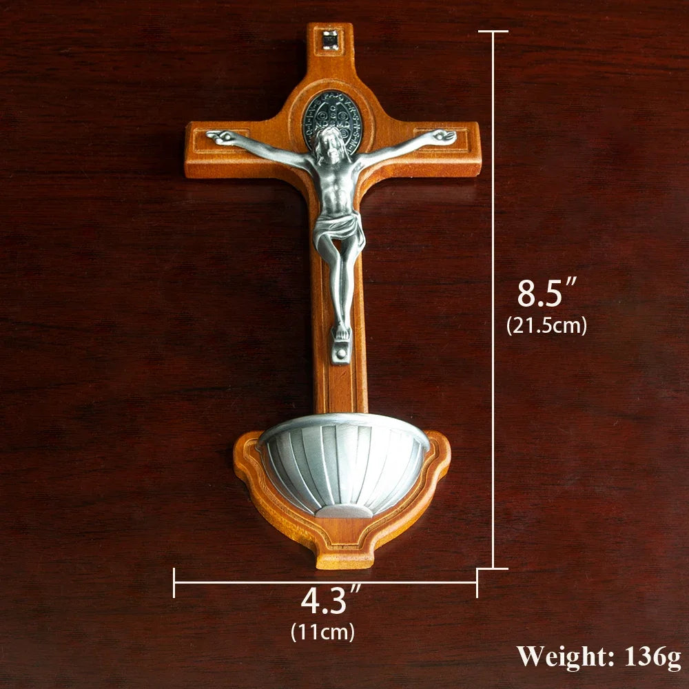 Catholic Wooden Cross with Holy Water Holder - Image 3