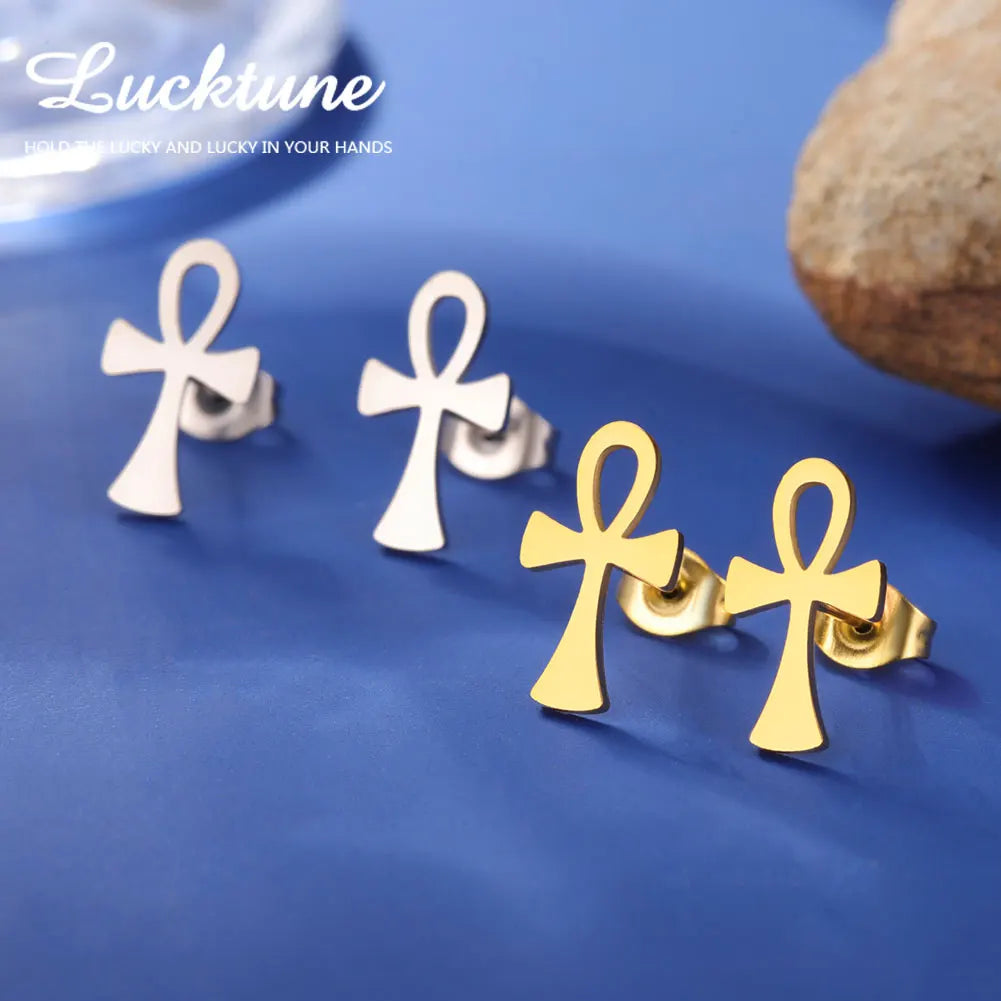 Lucktune Egyptian Ankh Cross Stud Earrings – Symbol of Life Amulet Jewelry for Women