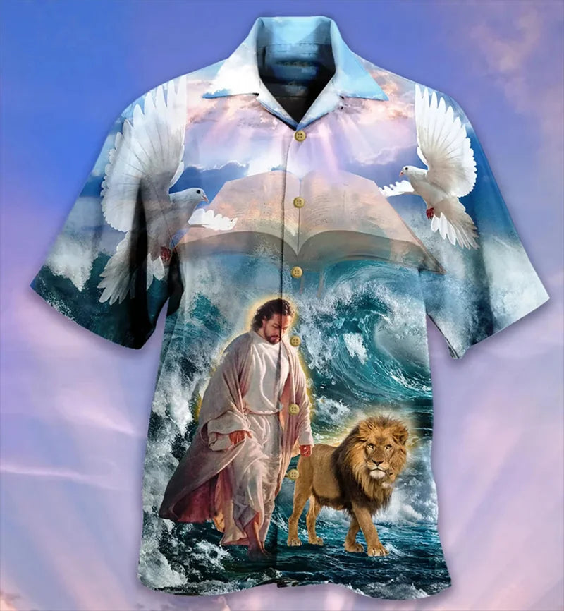 My God Jesus 3D Print Shirt – Summer Harajuku Lapel Shirt for Men & Kids - Image 3