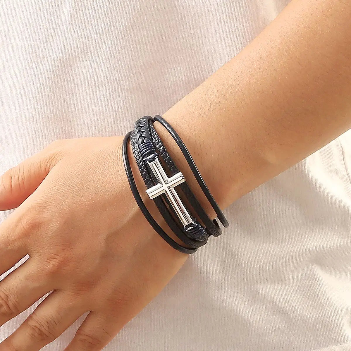 Black Cross Decorative Punk Leather Bracelet – Multilayer Braided Magnetic Clasp for Men - Image 3