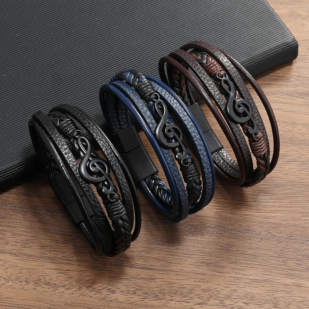 Men’s Musical Symbol Leather Bracelet – Vintage Multi-Layer Wristwear