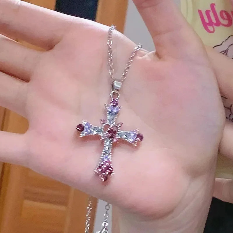 ChatGPT said: New Y2K Punk Pink Purple Zircon Cross Necklace – Rhinestone Clavicle Chain for Women - Image 3