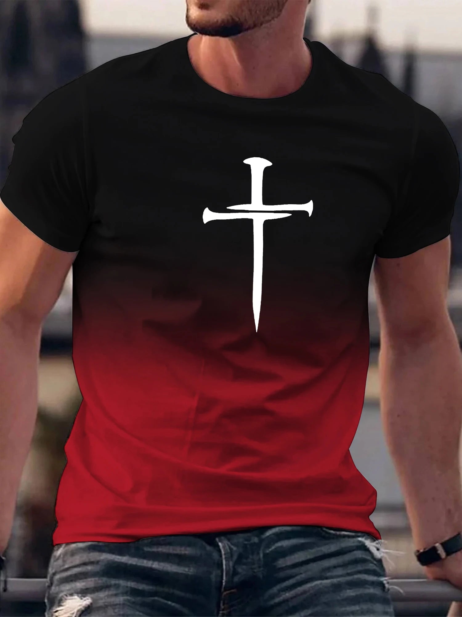 Gradient Christian Cross 3D Print T-Shirt – Men's Fashion Sport & Casual Tee