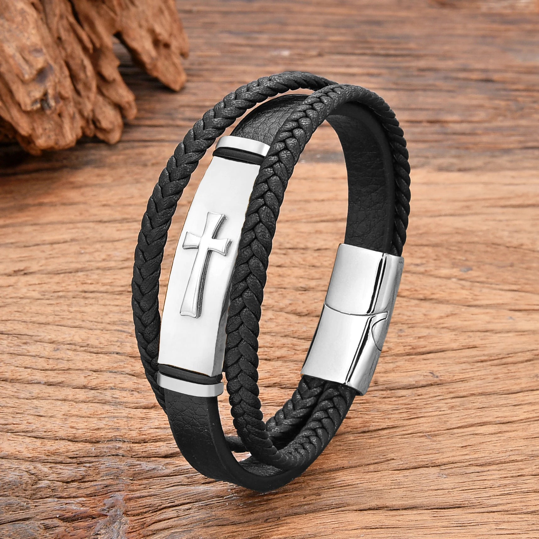 Black Gold Plated Cross Stainless Steel Bracelet – Men's Leather Punk Chain Jewelry - Image 4