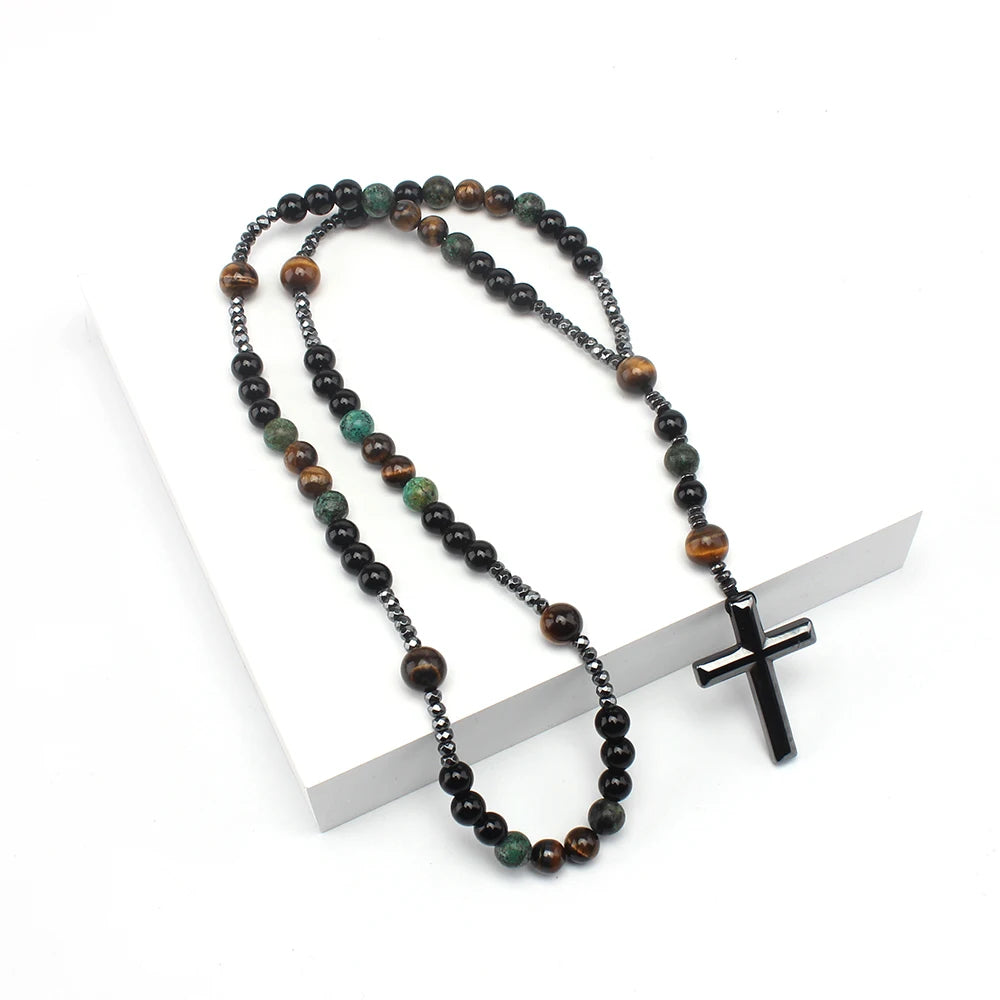 Natural Stone Turquoise & Tiger-Eye Rosary Necklace - Image 2