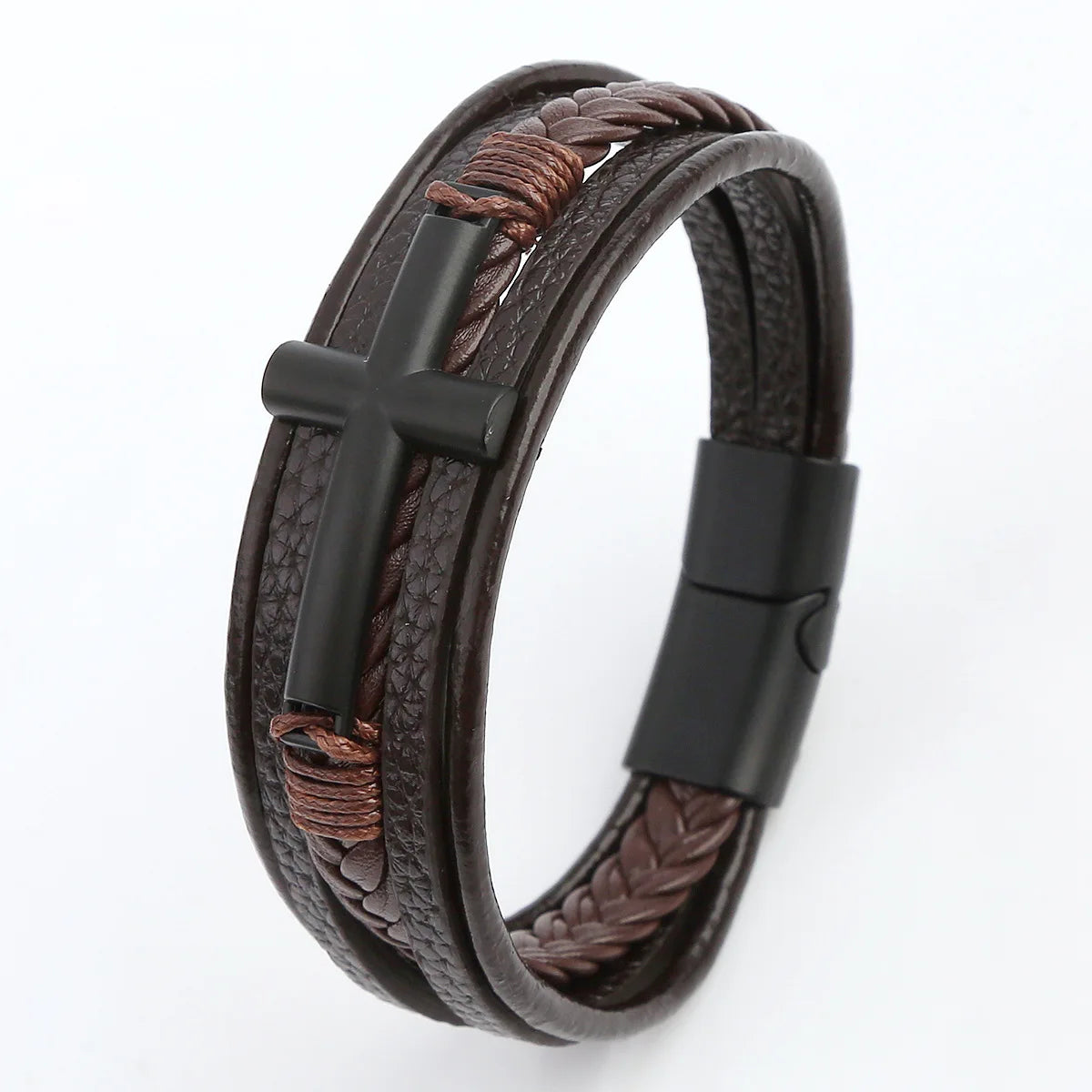 Black Cross Decorative Punk Leather Bracelet – Multilayer Braided Magnetic Clasp for Men - Image 11