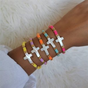 CCGOOD Christian Cross Bracelet for Women – Stretch Faith Bracelet with Boho Polymer Clay Beads
