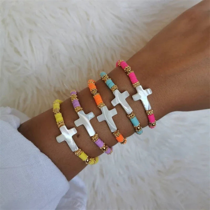CCGOOD Christian Cross Bracelet for Women – Stretch Faith Bracelet with Boho Polymer Clay Beads