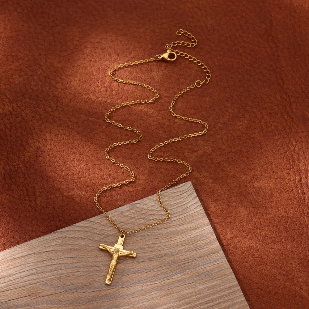 Caravaca Angels Crucifix Necklace – Gold Stainless Steel Jesus Cross for Men & Women - Image 4