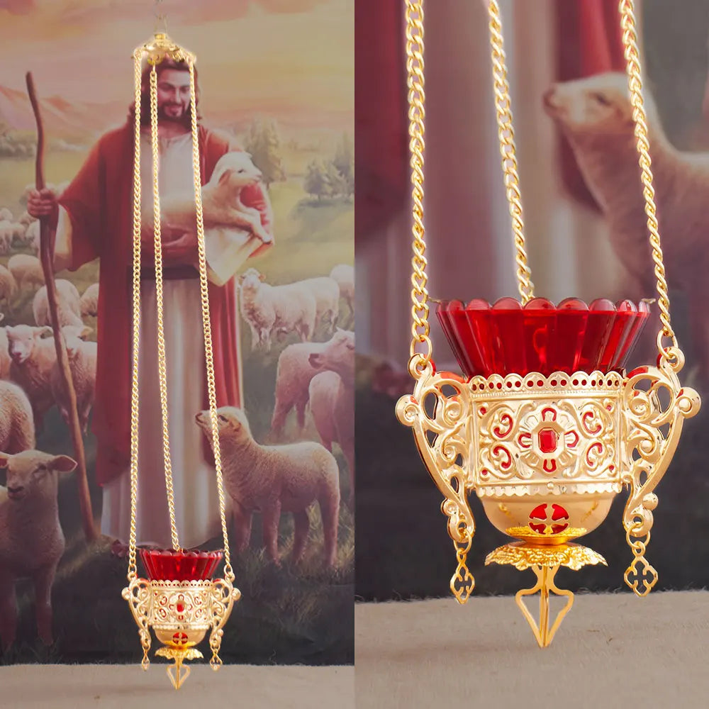 HTISOK Orthodox Hanging Oil Lamp – Red Glass Vigil Lamp for Religious Ceremonies & Daily Use