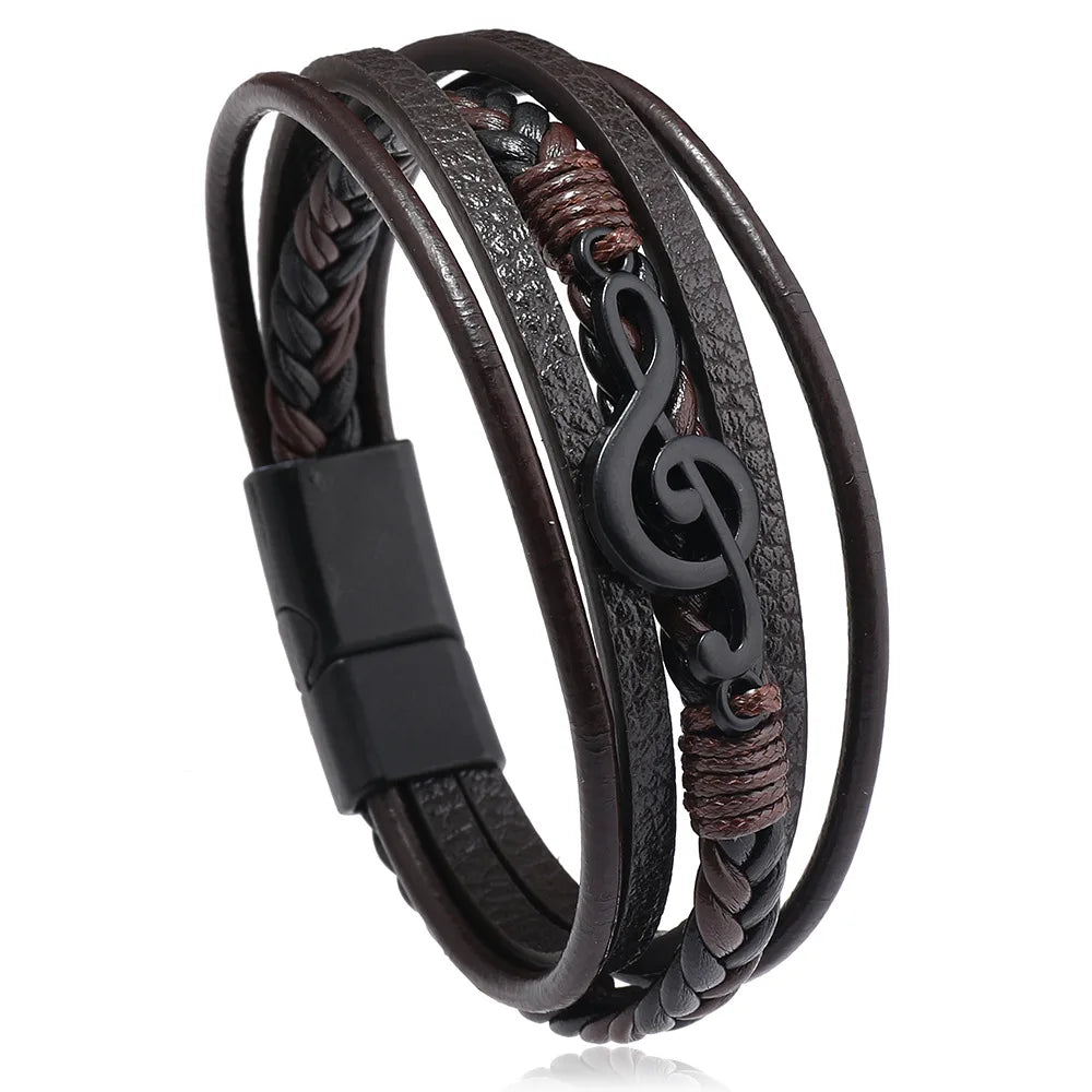 Men’s Musical Symbol Leather Bracelet – Vintage Multi-Layer Wristwear - Image 18