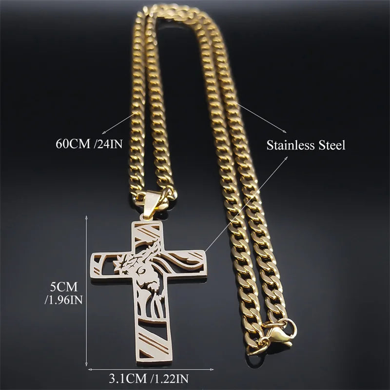 Crown of Thorns Jesus Cross Necklace – Gold-Plated Hip Hop Punk Crucifix Pendant for Men - Image 6