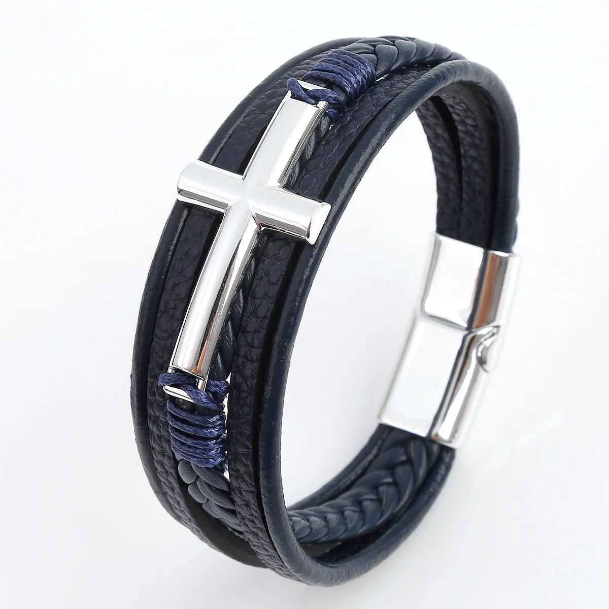 Black Cross Decorative Punk Leather Bracelet – Multilayer Braided Magnetic Clasp for Men - Image 12
