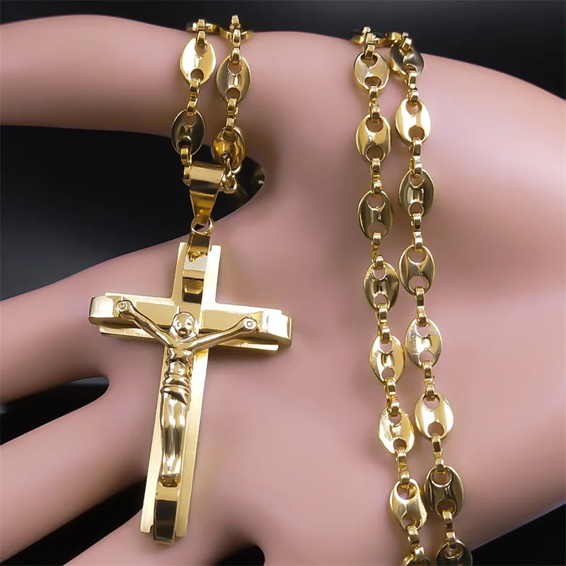 Jesus Cross Crucifix Pendant Necklace – Gold Stainless Steel Christian Jewelry for Men - Image 2