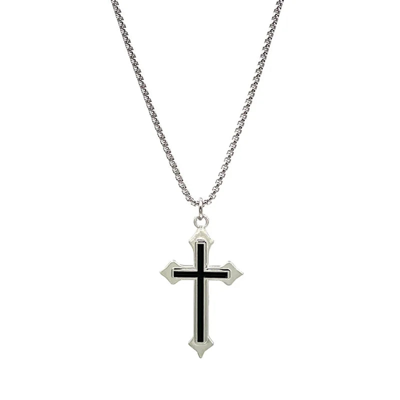 Minimalist Black Oil Drop Cross Necklace – Silver Color Stainless Steel Chain, Unisex Hip-Hop Punk Jewelry - Image 5