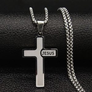 HNSP Stainless Steel Jesus Cross Pendant Necklace – Catholic Crucifix Chain for Men & Women