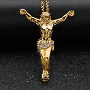 New Religious Jesus Cross Necklace for Men – Fashion Gold Color Pendant with Rhinestones
